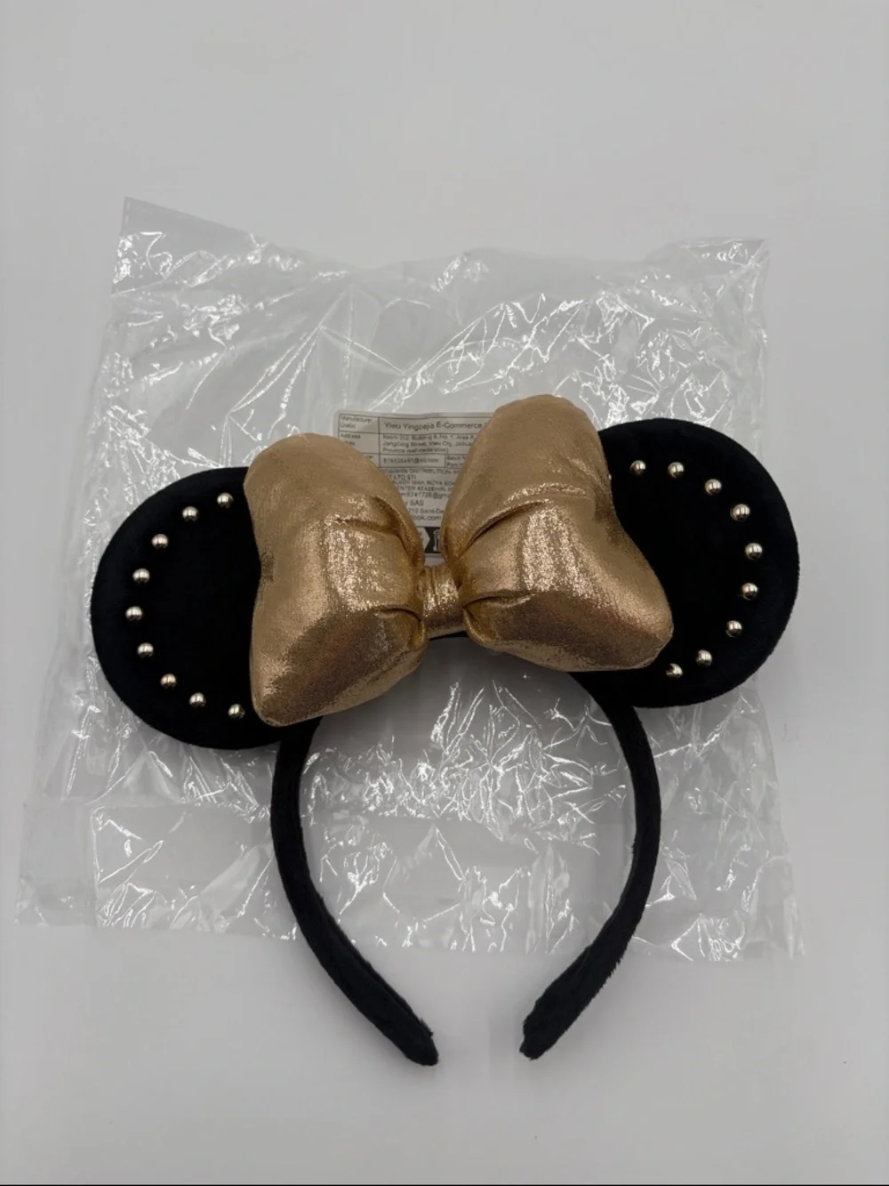 Gold Bow Minnie Mouse Ears Headband Black Studded Disney Inspired‎ NEW